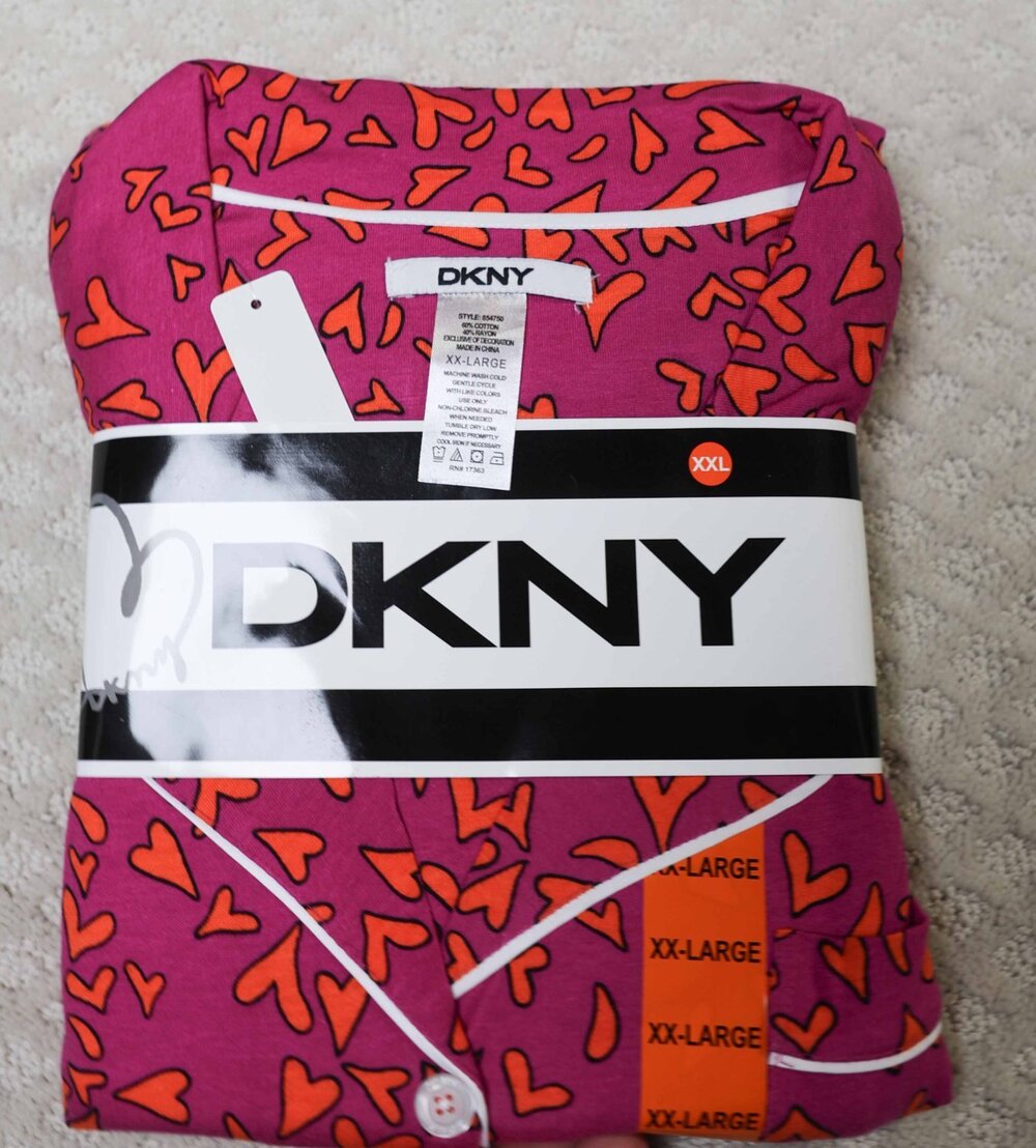 NWT DKNY Womens Pajama Set 2PC Button Up Shirt Pants Pink Orange Heart Size XXL